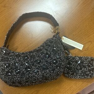 From India to you Black and silver beaded and glass stone shoulder bag and pouch